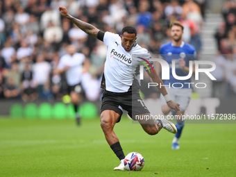 Nathaniel Mendez-Laing of Derby County lines up a cross during the Sky Bet Championship match between Derby County and Cardiff City at Pride...