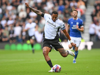 Nathaniel Mendez-Laing of Derby County lines up a cross during the Sky Bet Championship match between Derby County and Cardiff City at Pride...