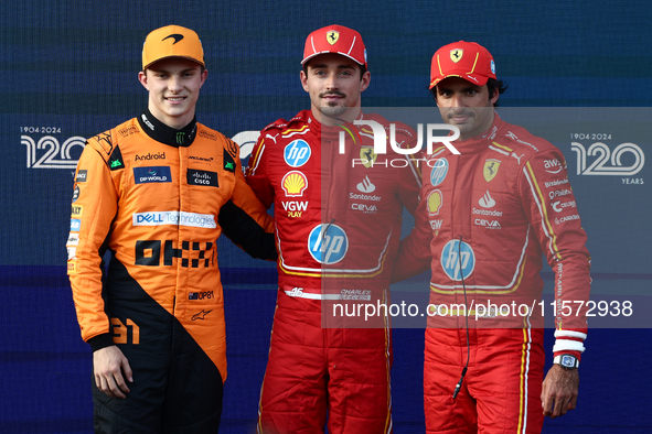 Oscar Piastri of McLaren, Charles Leclerc and Carlos Sainz of Ferrari after qualifying ahead of the Formula 1 Grand Prix of Azerbaijan at Ba...