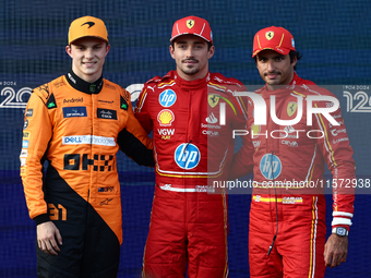 Oscar Piastri of McLaren, Charles Leclerc and Carlos Sainz of Ferrari after qualifying ahead of the Formula 1 Grand Prix of Azerbaijan at Ba...