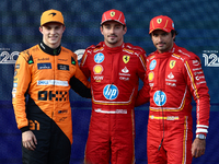 Oscar Piastri of McLaren, Charles Leclerc and Carlos Sainz of Ferrari after qualifying ahead of the Formula 1 Grand Prix of Azerbaijan at Ba...