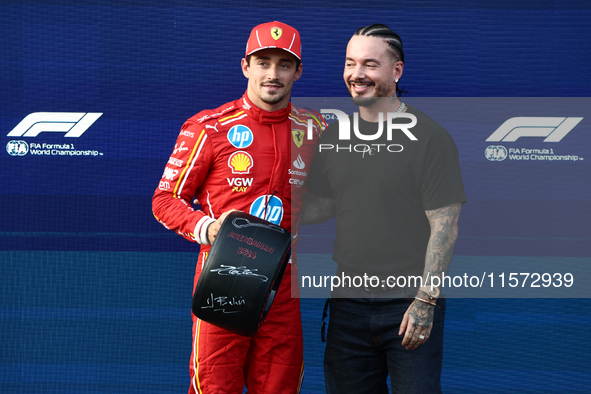 Charles Leclerc of Ferrari and J Baldwin after qualifying ahead of the Formula 1 Grand Prix of Azerbaijan at Baku City Circuit in Baku, Azer...