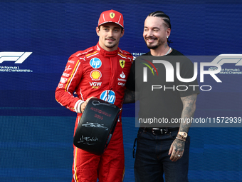 Charles Leclerc of Ferrari and J Baldwin after qualifying ahead of the Formula 1 Grand Prix of Azerbaijan at Baku City Circuit in Baku, Azer...