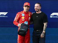 Charles Leclerc of Ferrari and J Baldwin after qualifying ahead of the Formula 1 Grand Prix of Azerbaijan at Baku City Circuit in Baku, Azer...