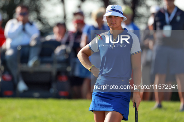 GAINESVILLE, VIRGINIA - SEPTEMBER 14: Vice Captain Anna Nordqvist of Team Europe looks over the 7th green during Day Two of the Solheim Cup...