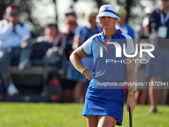 GAINESVILLE, VIRGINIA - SEPTEMBER 14: Vice Captain Anna Nordqvist of Team Europe looks over the 7th green during Day Two of the Solheim Cup...