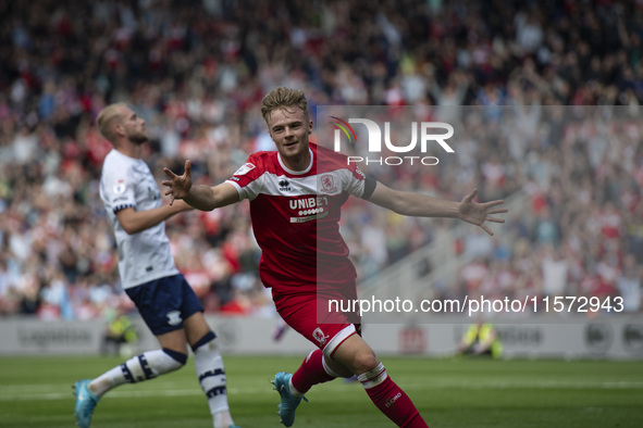 Tommy Conway celebrates after scoring during the Sky Bet Championship match between Middlesbrough and Preston North End at the Riverside Sta...