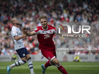 Tommy Conway celebrates after scoring during the Sky Bet Championship match between Middlesbrough and Preston North End at the Riverside Sta...