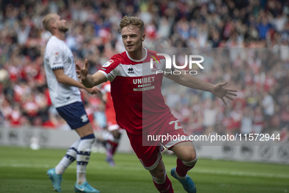 Tommy Conway celebrates after scoring during the Sky Bet Championship match between Middlesbrough and Preston North End at the Riverside Sta...