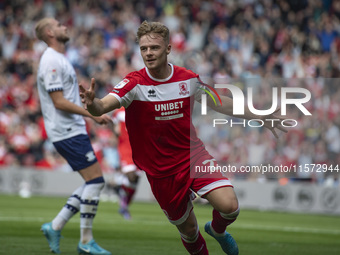 Tommy Conway celebrates after scoring during the Sky Bet Championship match between Middlesbrough and Preston North End at the Riverside Sta...