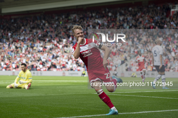 Tommy Conway celebrates after scoring during the Sky Bet Championship match between Middlesbrough and Preston North End at the Riverside Sta...