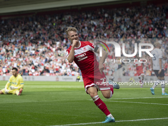 Tommy Conway celebrates after scoring during the Sky Bet Championship match between Middlesbrough and Preston North End at the Riverside Sta...