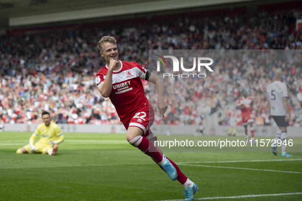 Tommy Conway celebrates after scoring during the Sky Bet Championship match between Middlesbrough and Preston North End at the Riverside Sta...