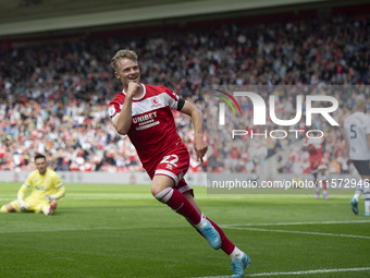 Tommy Conway celebrates after scoring during the Sky Bet Championship match between Middlesbrough and Preston North End at the Riverside Sta...