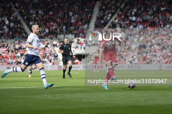 Tommy Conway shoots and scores during the Sky Bet Championship match between Middlesbrough and Preston North End at the Riverside Stadium in...