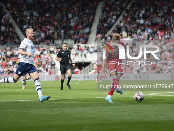 Tommy Conway shoots and scores during the Sky Bet Championship match between Middlesbrough and Preston North End at the Riverside Stadium in...