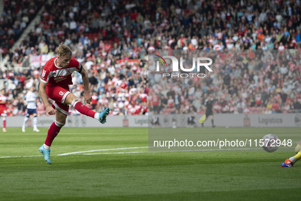 Tommy Conway shoots and scores during the Sky Bet Championship match between Middlesbrough and Preston North End at the Riverside Stadium in...