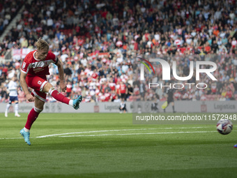 Tommy Conway shoots and scores during the Sky Bet Championship match between Middlesbrough and Preston North End at the Riverside Stadium in...