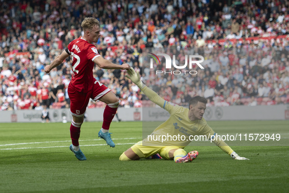 Tommy Conway shoots and scores during the Sky Bet Championship match between Middlesbrough and Preston North End at the Riverside Stadium in...