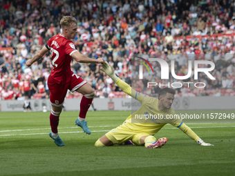 Tommy Conway shoots and scores during the Sky Bet Championship match between Middlesbrough and Preston North End at the Riverside Stadium in...