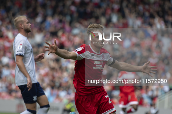 Tommy Conway celebrates after scoring during the Sky Bet Championship match between Middlesbrough and Preston North End at the Riverside Sta...