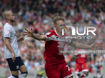 Tommy Conway celebrates after scoring during the Sky Bet Championship match between Middlesbrough and Preston North End at the Riverside Sta...