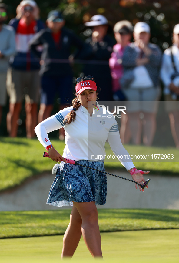 GAINESVILLE, VIRGINIA - SEPTEMBER 14: Lilia Vu of of Team USA prepares to putt on the 7th green during Day Two of the Solheim Cup at Robert...