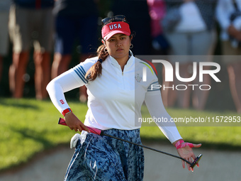 GAINESVILLE, VIRGINIA - SEPTEMBER 14: Lilia Vu of of Team USA prepares to putt on the 7th green during Day Two of the Solheim Cup at Robert...