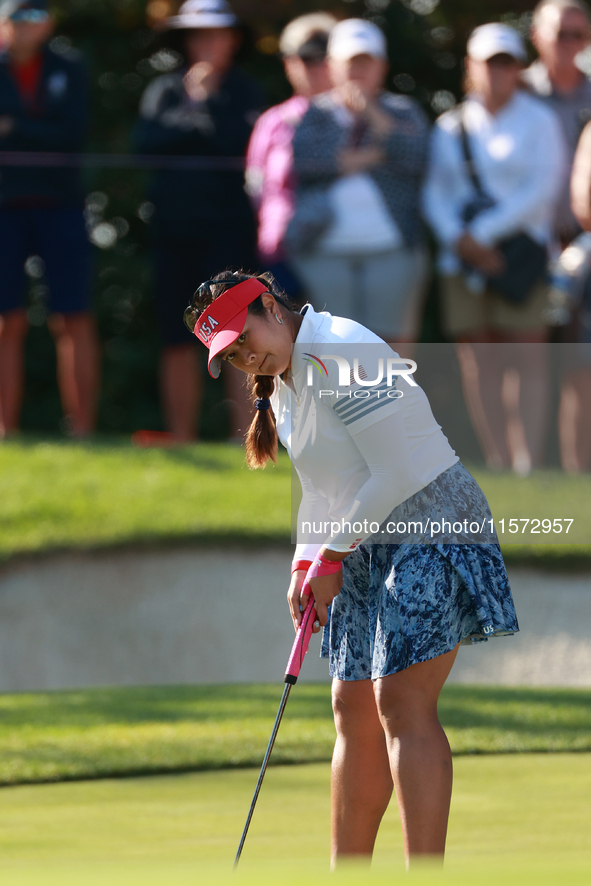 GAINESVILLE, VIRGINIA - SEPTEMBER 14: Lilia Vu of of Team USA prepares to putt on the 7th green during Day Two of the Solheim Cup at Robert...