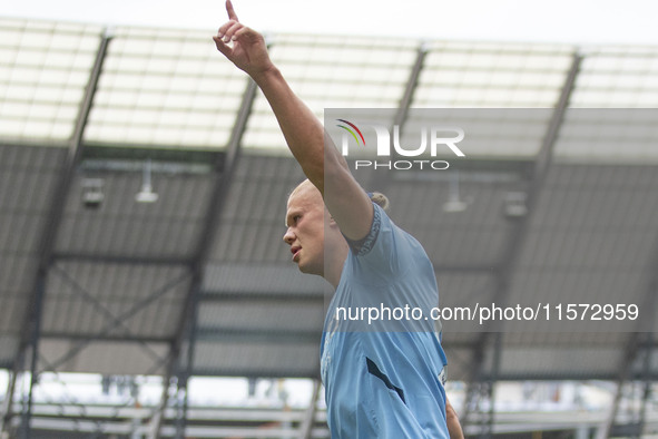 Erling Haaland #9 of Manchester City F.C. celebrates his goal during the Premier League match between Manchester City and Brentford at the E...