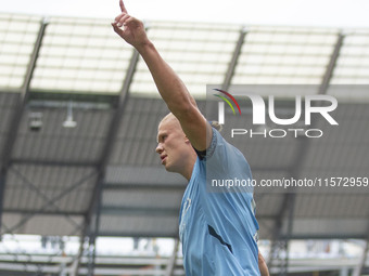 Erling Haaland #9 of Manchester City F.C. celebrates his goal during the Premier League match between Manchester City and Brentford at the E...