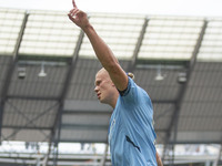 Erling Haaland #9 of Manchester City F.C. celebrates his goal during the Premier League match between Manchester City and Brentford at the E...