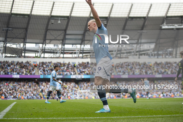 Erling Haaland #9 of Manchester City F.C. celebrates his goal during the Premier League match between Manchester City and Brentford at the E...