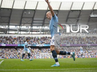 Erling Haaland #9 of Manchester City F.C. celebrates his goal during the Premier League match between Manchester City and Brentford at the E...