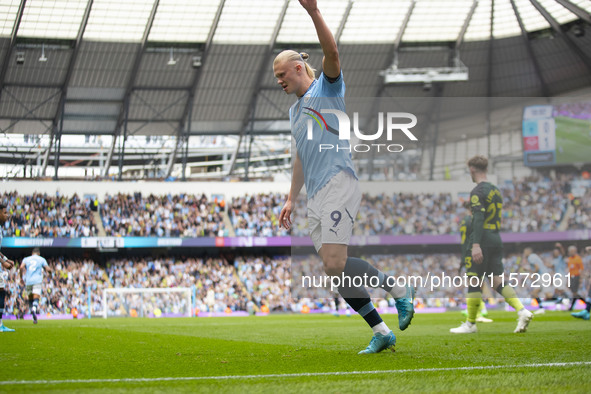 Erling Haaland #9 of Manchester City F.C. celebrates his goal during the Premier League match between Manchester City and Brentford at the E...