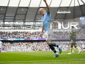 Erling Haaland #9 of Manchester City F.C. celebrates his goal during the Premier League match between Manchester City and Brentford at the E...