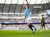 Erling Haaland #9 of Manchester City F.C. celebrates his goal during the Premier League match between Manchester City and Brentford at the E...