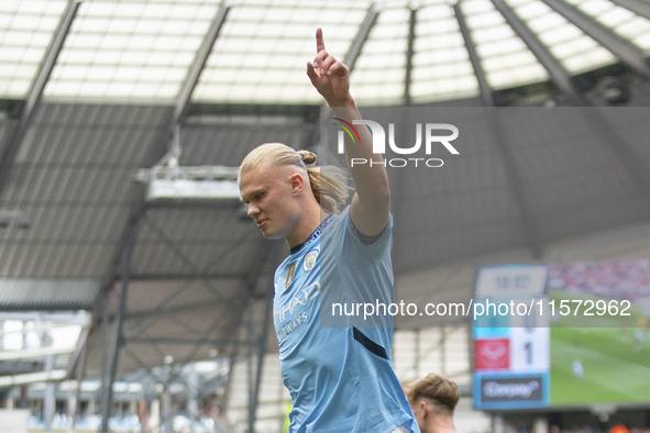 Erling Haaland #9 of Manchester City F.C. celebrates his goal during the Premier League match between Manchester City and Brentford at the E...