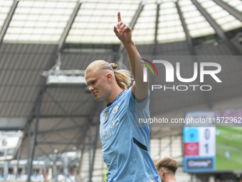 Erling Haaland #9 of Manchester City F.C. celebrates his goal during the Premier League match between Manchester City and Brentford at the E...