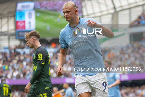 Erling Haaland #9 of Manchester City F.C. celebrates his goal during the Premier League match between Manchester City and Brentford at the E...