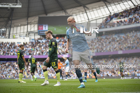 Erling Haaland #9 of Manchester City F.C. celebrates his goal during the Premier League match between Manchester City and Brentford at the E...