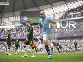 Erling Haaland #9 of Manchester City F.C. celebrates his goal during the Premier League match between Manchester City and Brentford at the E...