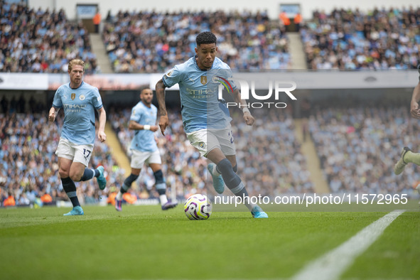 Savinho #26 of Manchester City F.C. during the Premier League match between Manchester City and Brentford at the Etihad Stadium in Mancheste...