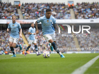 Savinho #26 of Manchester City F.C. during the Premier League match between Manchester City and Brentford at the Etihad Stadium in Mancheste...