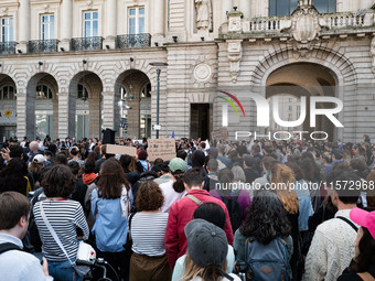 People gather during a demonstration in support of Gisele Pelicot in Rennes, France, on September 14, 2024. Gisele Pelicot becomes the embod...