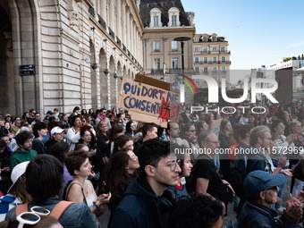 People gather during a demonstration in support of Gisele Pelicot in Rennes, France, on September 14, 2024. Gisele Pelicot becomes the embod...