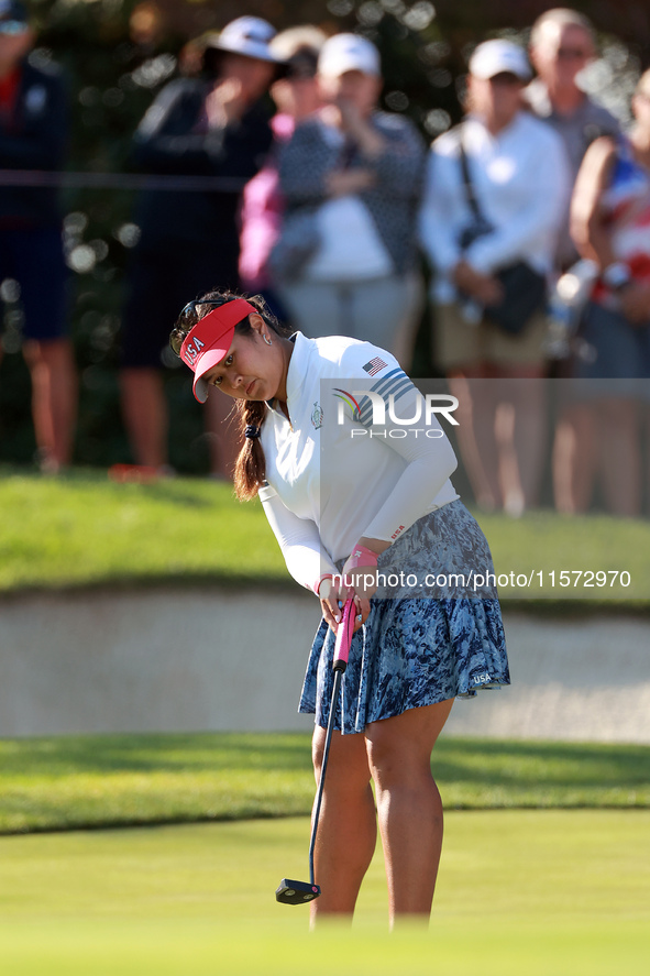 GAINESVILLE, VIRGINIA - SEPTEMBER 14: Lilia Vu of Team USA putts on the 7th green during Day Two of the Solheim Cup at Robert Trent Jones Go...