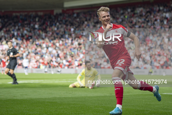 Tommy Conway celebrates after scoring during the Sky Bet Championship match between Middlesbrough and Preston North End at the Riverside Sta...