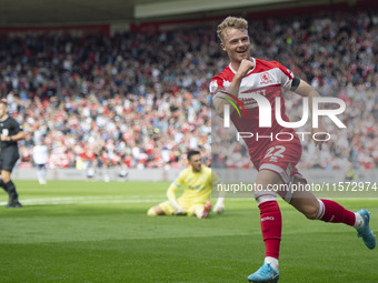 Tommy Conway celebrates after scoring during the Sky Bet Championship match between Middlesbrough and Preston North End at the Riverside Sta...