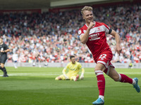 Tommy Conway celebrates after scoring during the Sky Bet Championship match between Middlesbrough and Preston North End at the Riverside Sta...